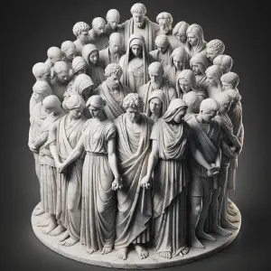 Sculpture of a diverse community united in prayer and solidarity.