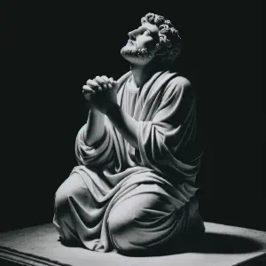 Sculpture of a person kneeling in prayer, hands clasped and eyes lifted.