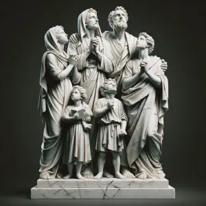 Statue showing a family united in prayer, inspired by Eleazar&rsquo;s teachings.