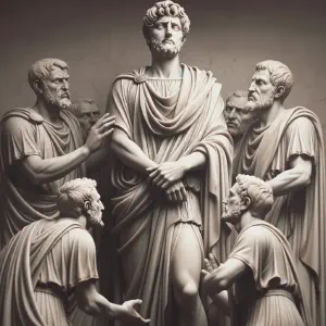 Marble statue of Mattathias standing with conviction as he refuses the king&rsquo;s decree.