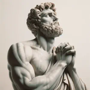 Marble statue of Mattathias in a prayerful and reflective pose.