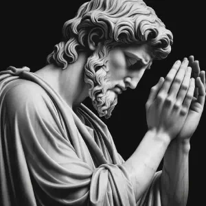 Marble statue of the Psalmist in deep contemplation and prayer.