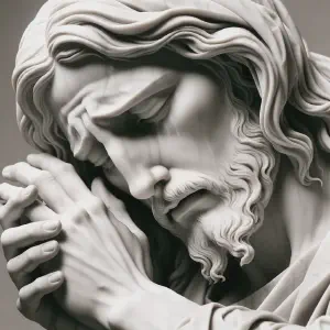 Marble statue of Jesus weeping over Jerusalem.