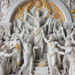 Marble statue capturing a joyous celebration during an eight-day festival.