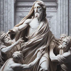 Marble statue representing Jesus cleansing the temple.