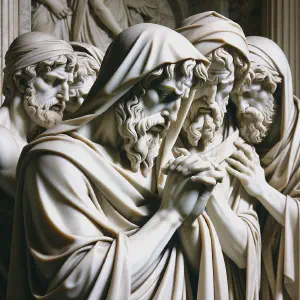 Marble statue depicting Judas Maccabeus and his brothers in a moment of prayer and dedication.