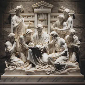 Marble statue portraying a family in a moment of renewal, inspired by the Maccabees.