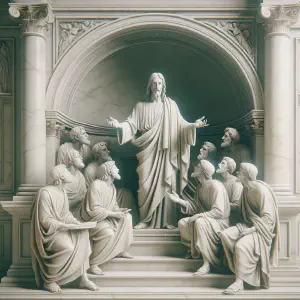 Marble statue illustrating Jesus teaching in the temple.