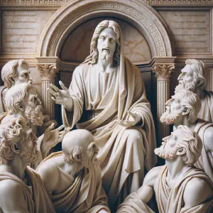 Greek-style marble statue of Jesus engaging in a discourse with the Sadducees