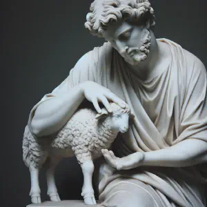 Marble statue showing a shepherd tenderly caring for a lost sheep