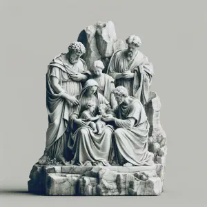 Marble statue depicting a family moment of nurturing and care