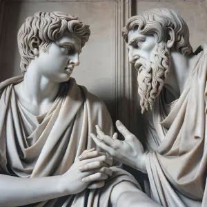 Marble sculpture depicting Daniel in conversation with Ashpenaz.