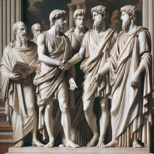 Marble sculpture showing Daniel and his friends being presented to King Nebuchadnezzar.