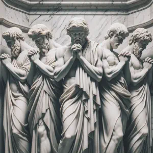 Marble sculpture of Daniel and his friends in a moment of prayer.