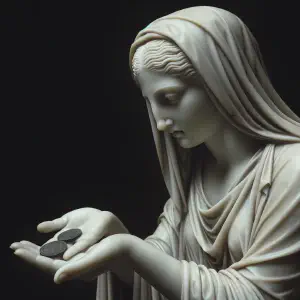 Marble sculpture of a humble widow offering two small coins at the temple.