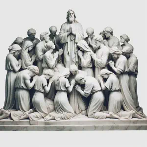 Marble sculpture depicting a community united in prayer.