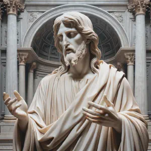 A marble sculpture portraying Jesus Christ prophesying in the Temple of Jerusalem.