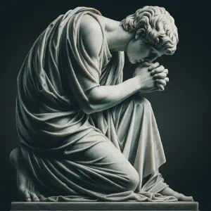 A marble sculpture depicting a humble figure in prayer, symbolizing devotion.