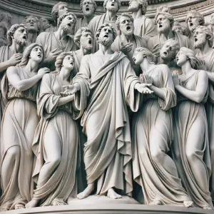 A marble sculpture of a group singing hymns, embodying community spirit.