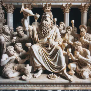 A marble sculpture of King Belshazzar at a grand banquet.