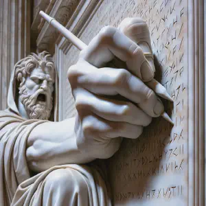 A marble sculpture depicting a mysterious hand writing on the wall.