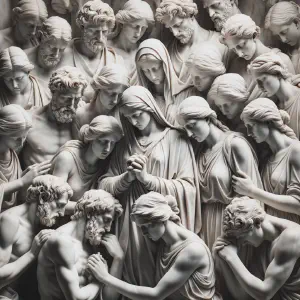 A marble sculpture of a community gathered in prayer.