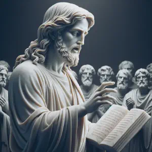 A marble sculpture of Jesus teaching a crowd.