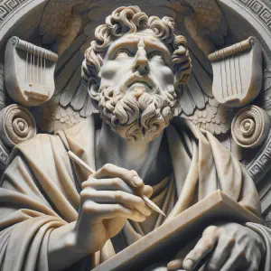 Marble sculpture of the Psalmist deeply immersed in composing psalms with a lyre.