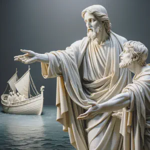 Statue representation of Jesus calling Peter and Andrew by the Sea of Galilee.