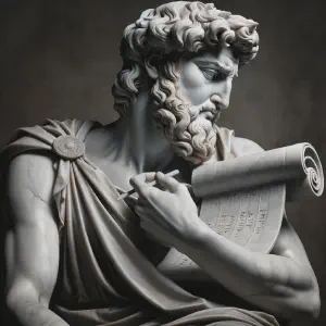 Marble statue of King David as the Psalmist in a contemplative pose.