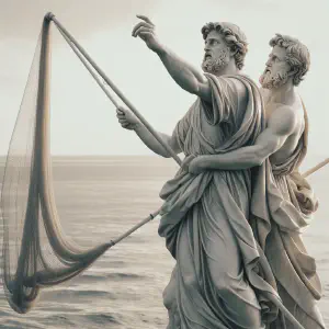 Marble statue of Simon Peter and Andrew casting nets into the sea