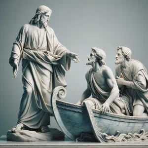 Marble statue of Jesus calling James and John with Zebedee in a boat