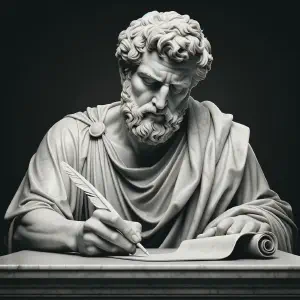 Marble statue of Apostle Paul writing a letter