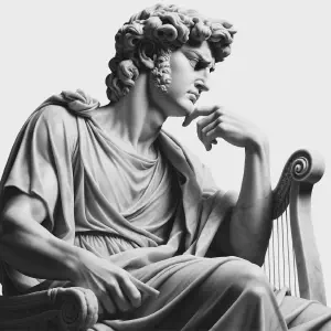 Marble statue of King David as the psalmist composing Psalm 19