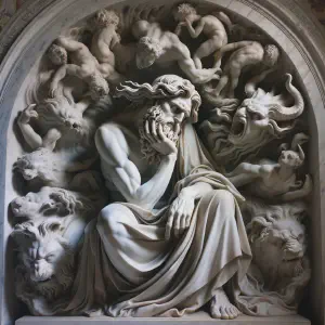 Marble statue depicting the biblical prophet Daniel in deep contemplation