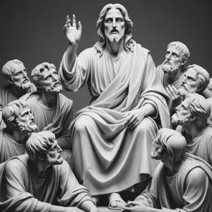 A marble statue showing Jesus teaching his disciples about vigilance in ancient Greek style.