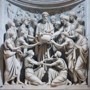 A marble statue illustrating people receiving spiritual gifts in ancient Roman style.