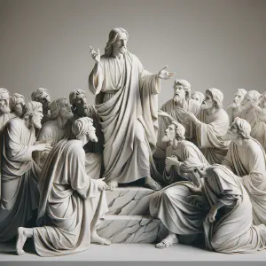 A marble statue depicting Jesus teaching about vigilance from the Gospel of Mark in ancient Greek style.