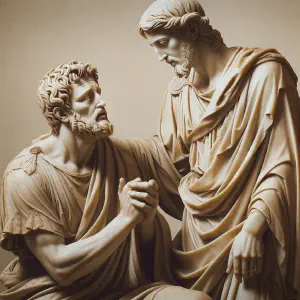 Marble statue showing Jesus and the Roman centurion, a moment of faith