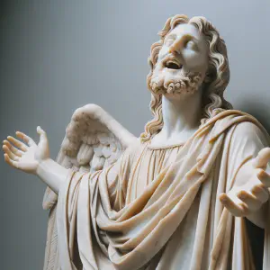 Marble statue depicting Jesus expressing joy in the Holy Spirit.