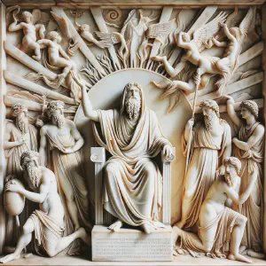 Marble statue representing the Messiah from Jesse&rsquo;s line surrounded by symbols of hope.