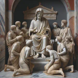 Marble statue of Jesus teaching humility and faith, inspired by the Gospel of Luke.