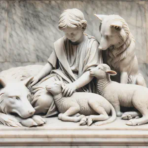 Marble statue depicting a child guiding a wolf and lamb lying together in peace.