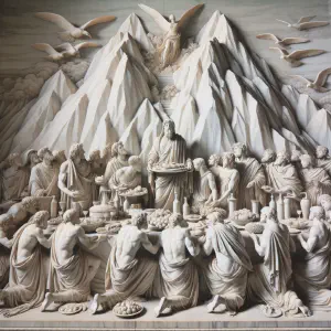 An ancient Greek marble sculpture depicting a grand feast on a mountain, symbolizing a biblical promise of abundance and joy.