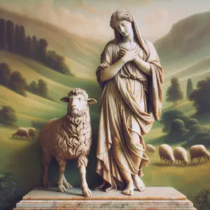 An ancient Roman marble sculpture representing a faithful soul in verdant pastures, comforted by the presence of a shepherd.