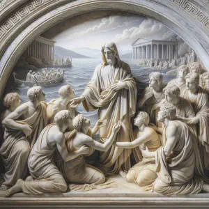 An ancient Greek marble sculpture showing Jesus healing the sick and afflicted by the Sea of Galilee.