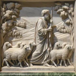 An ancient Roman marble sculpture depicting a shepherd leading to verdant pastures, inspired by Psalm 23.