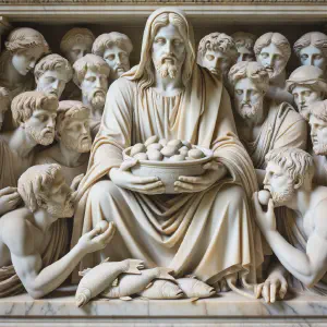 An ancient Greek marble sculpture depicting Jesus feeding the multitude as described in the Gospel of Matthew.