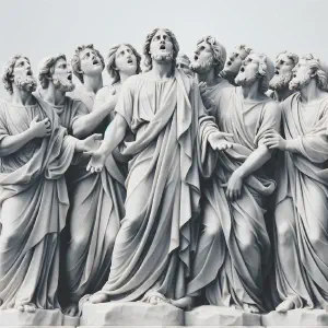 Marble sculpture depicting a group of people in Judah singing praises to the Lord.