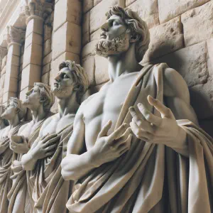 Marble sculpture showing psalmists outside the city walls in a serene posture.